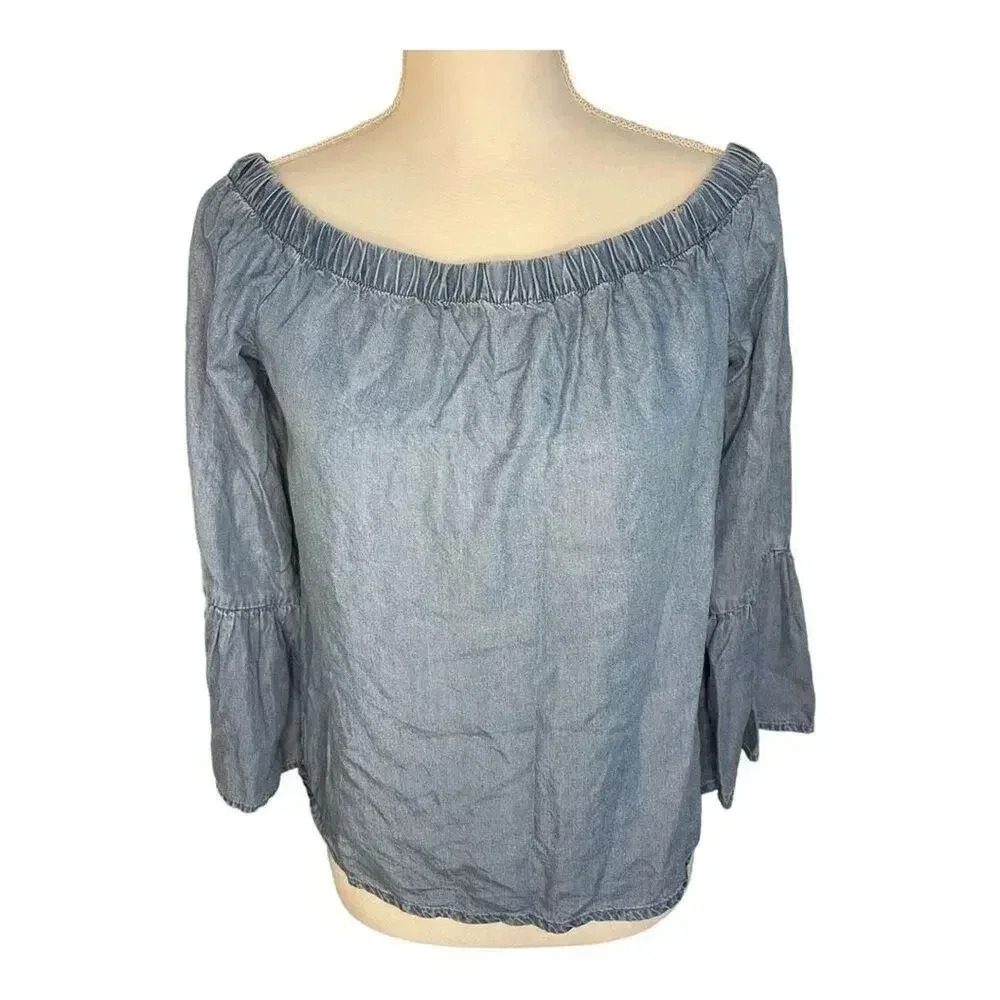 Only Women’s Medium Blue Off The Shoulder Ruffle Sleeve Denim Top